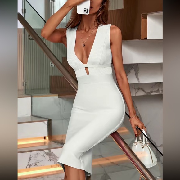 BAE Plunging Neck Ruched Bodycon Dress